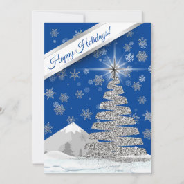 シルバークリスマスツリーの写真と青 シーズンカード