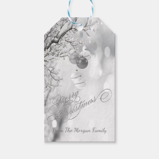 シルバークリスマスツリーの枝，ボールパーソナライズされた- ギフトタグ (正面)