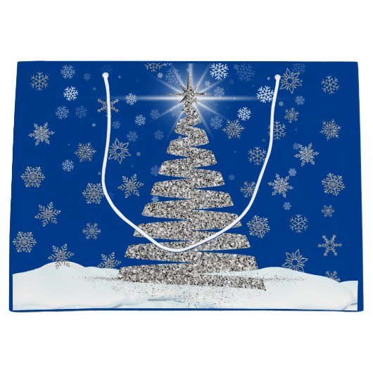 シルバークリスマスツリーオンブルーホリデー ラージペーパーバッグ (正面)