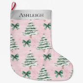 シルバークリスマスツリーズピンクグリーン弓 ラージクリスマスストッキング (正面)