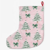 シルバークリスマスツリーズピンクグリーン弓 ラージクリスマスストッキング (裏面)