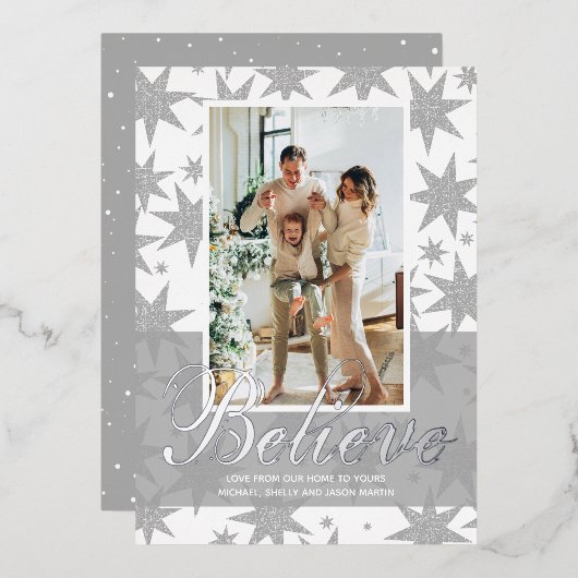 シルバークリスマスフォト信じフォイルホリデーカード 箔シーズンカード (正面/裏面)