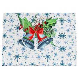 シルバークリスマスベル、ホリー、ブルーの雪片 ラージペーパーバッグ