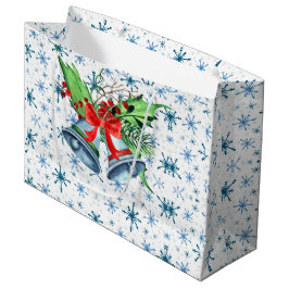 シルバークリスマスベル、ホリー、ブルーの雪片 ラージペーパーバッグ