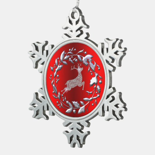 シルバークリスマスリースとトナカイ スノーフレークピューターオーナメント (右)