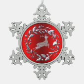 シルバークリスマスリースとトナカイ スノーフレークピューターオーナメント (正面)