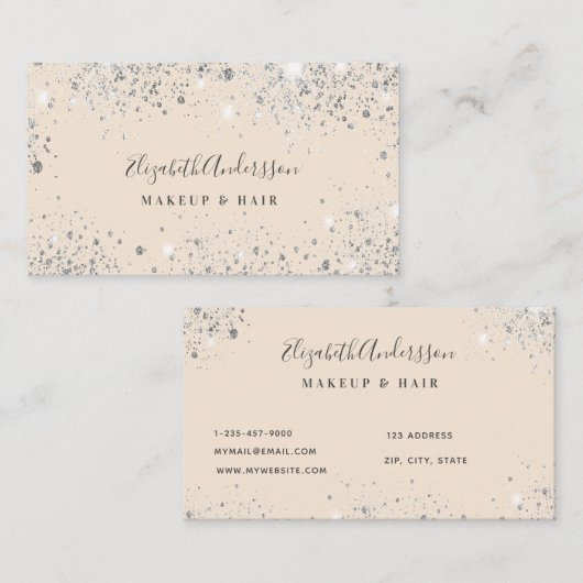 シルバークリームグリッターのダストメイクアップヘア美しい 名刺 (正面/裏面)