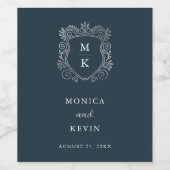 シルバークレスト |エレガントダークブルー結婚のモノグラム ワインラベル (シングルラベル)