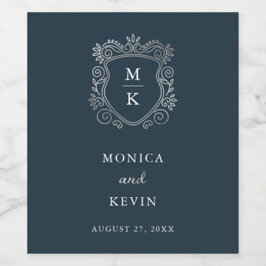 シルバークレスト |エレガントダークブルー結婚のモノグラム ワインラベル (シングルラベル)
