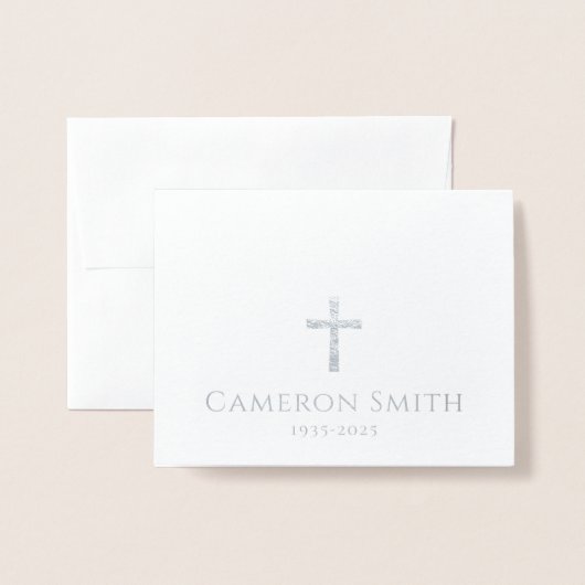シルバークロスと名前の損失悔やみや弔慰感謝していユー 箔カード (封筒付き正面)