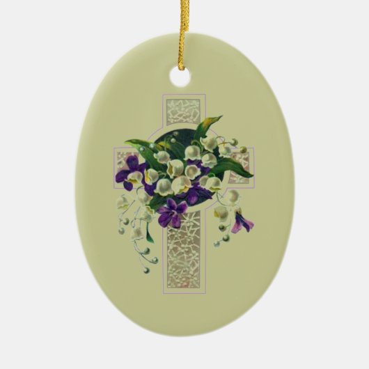 シルバークロスと紫色の花 セラミックオーナメント (正面)