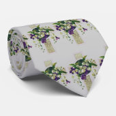 シルバークロスと紫色の花 ネクタイ (ロール)