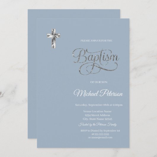 シルバークロスエレガントバプテスダスティブルー 招待状 (正面/裏面)