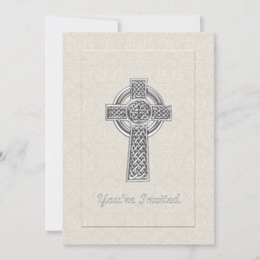 シルバークロスオンアイボリーダマスク招待されました 招待状 (正面)