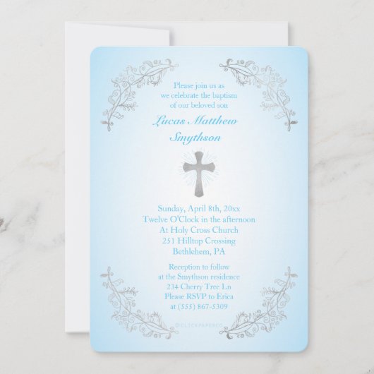 シルバークロスブルーバプティスフォト招待状 招待状 (正面)