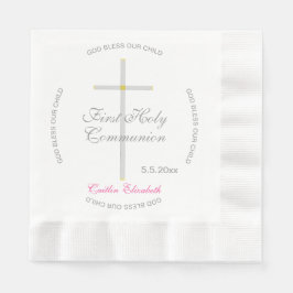 シルバークロス最初の聖餐式ピンクの名前 縁ありランチョンナプキン