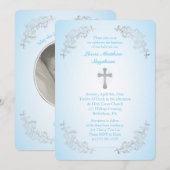シルバークロス ブルー 洗礼 フォト 招待状 (正面/裏面)