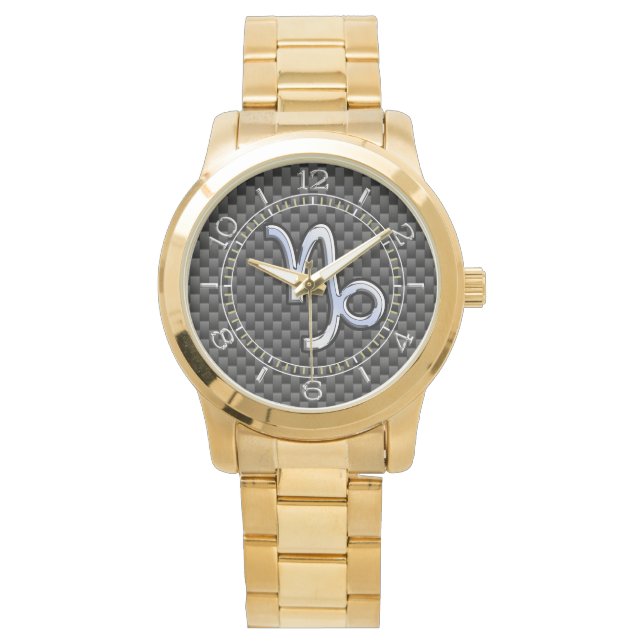 シルバークロームのような山羊座シンボルカーボンダイヤル 腕時計 (正面)