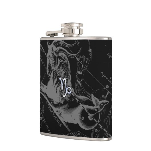 シルバークロームのような山羊座〔占星術の〕十二宮図サインヘベリウス フラスク (左)