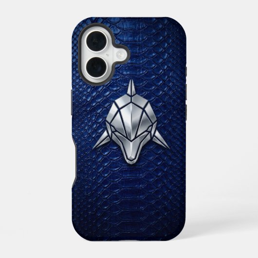 シルバークローム幾何学ザメ ブルーパイソン iPhone 16ケース (裏面)