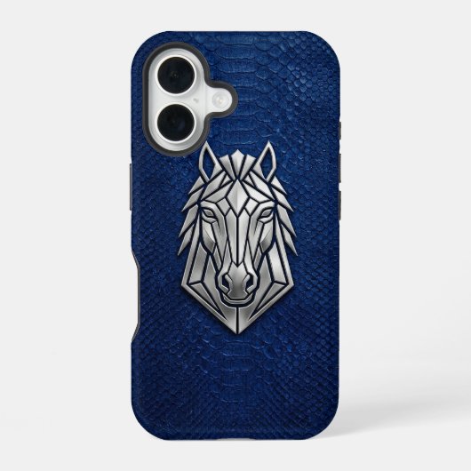 シルバークローム幾何学馬ブルーパイソンレザー iPhone 16ケース (裏面)
