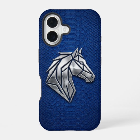 シルバークローム幾何学馬ブルーパイソン iPhone 16ケース (裏面)