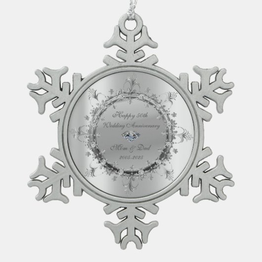 シルバークールフローラス結婚ワーズ記念日 スノーフレークピューターオーナメント (正面)