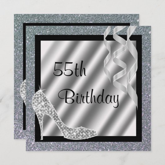 シルバーグライトリースティレット&ストリーマーズ55誕生日 招待状 (正面/裏面)