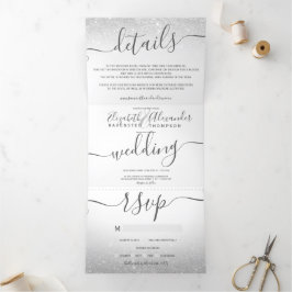 シルバーグラデーショングリッターホワイトスクリプトシック結婚ズ 三つ折り招待状