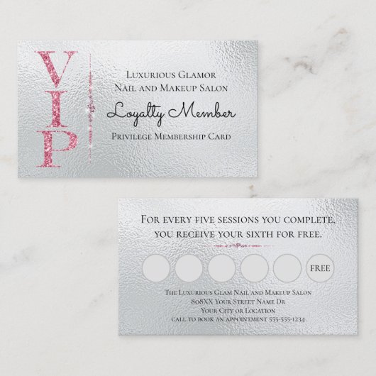 シルバーグラマリーダイヤモンドピンクグリッターVIPロイヤリティ 名刺 (正面/裏面)