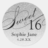 シルバーグラムグリッタースウィート16 パーソナライズされた ラウンドシール (正面)