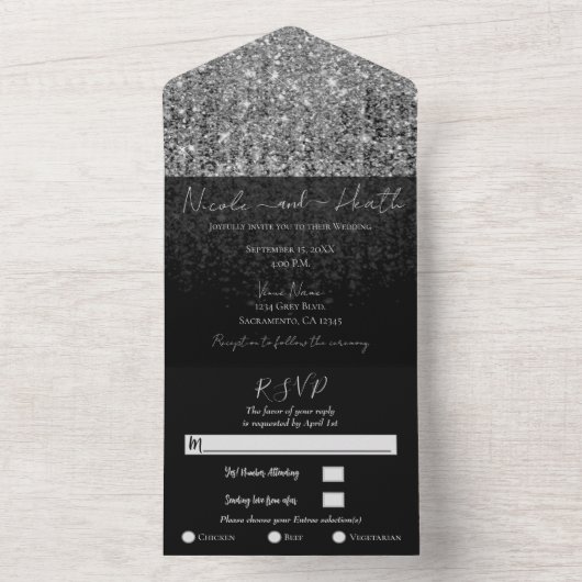 シルバーグラムグリッターモダンシックスパークル結婚ズ オールインワン招待状 (内側)