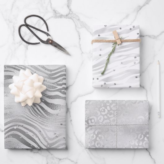 シルバーグラムスパークルグリッターアニマルプリント ラッピングペーパーシート (正面)