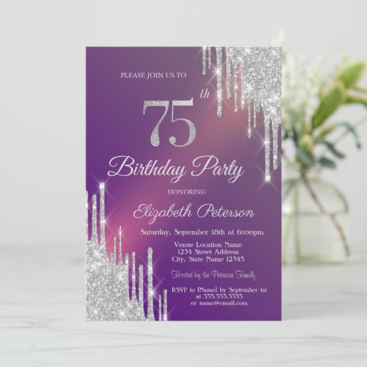 シルバーグリッターあなたの写真75誕生日 招待状 (スタンド正面)