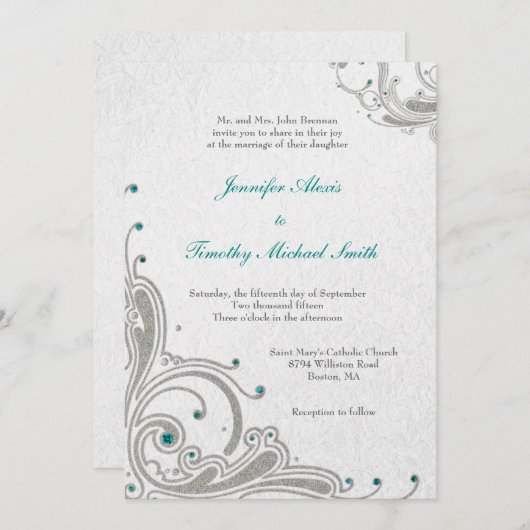 シルバーグリッターが渦巻き+水玉婚式の招待 招待状 (正面/裏面)