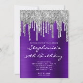 シルバーグリッターが滴るインディゴパープル 50歳の誕生日 招待状 (正面)