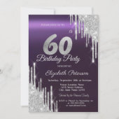 シルバーグリッターが滴るダークパープル 60歳の誕生日 招待状 (正面)