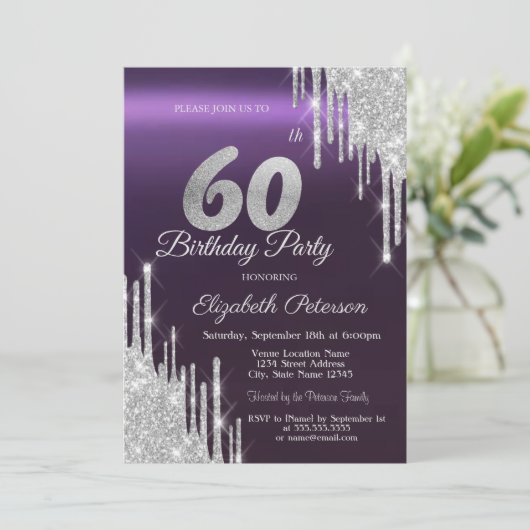 シルバーグリッターが滴るダークパープル 60歳の誕生日 招待状 (スタンド正面)