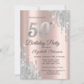 シルバーグリッターが滴るローズゴールド 50歳の誕生日パーティー 招待状 (正面)