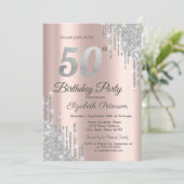 シルバーグリッターが滴るローズゴールド 50歳の誕生日パーティー 招待状 (スタンド正面)