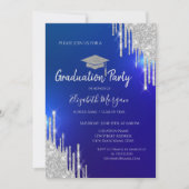 シルバーグリッターが滴る卒業帽 青い卒業証書 招待状 (正面)