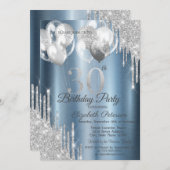 シルバーグリッターが風船をドリップブルーメタリック30th 招待状 (正面/裏面)