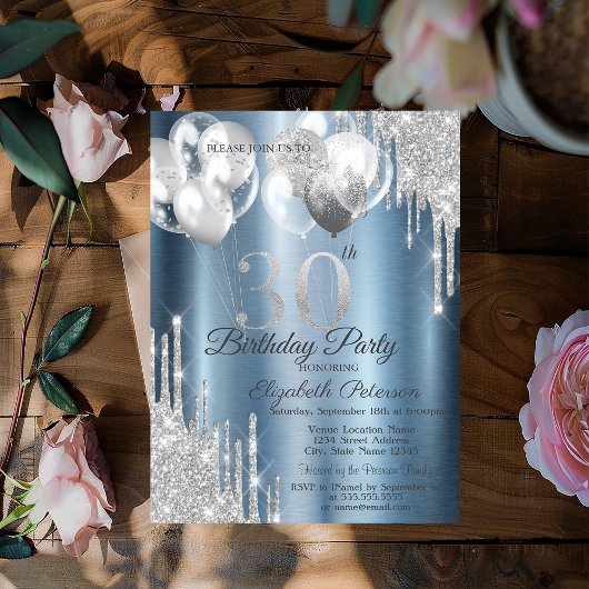 シルバーグリッターが風船をドリップブルーメタリック30th 招待状
