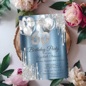 シルバーグリッターが風船をドリップブルーメタリック60th 招待状