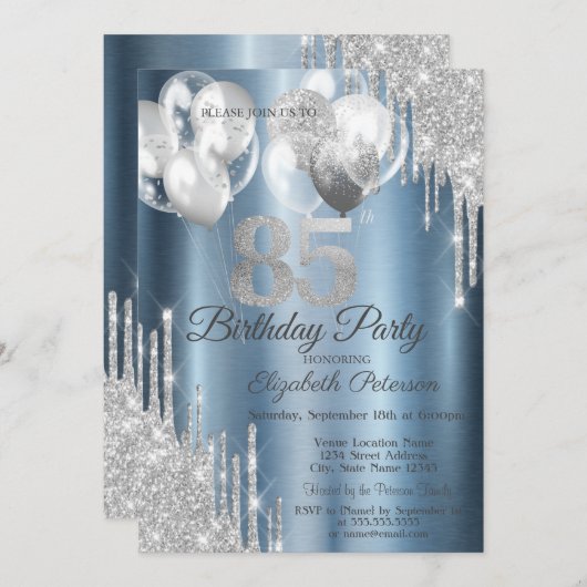 シルバーグリッターが風船をドリップブルーメタリック85th 招待状 (正面/裏面)