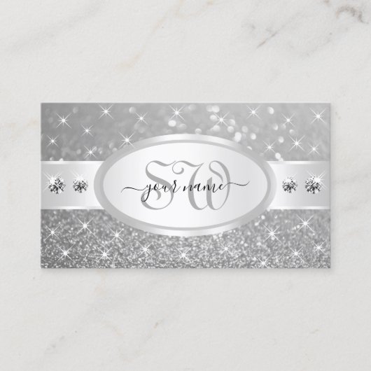 シルバーグリッターきらめくスターズダイヤモンドイニシャル 名刺 (正面)