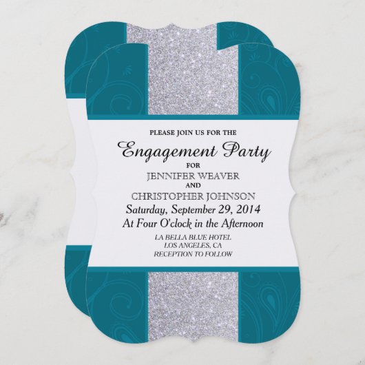 シルバーグリッターとアクアティール(緑がかった色)と渦巻形のデザイン 招待状 (正面/裏面)