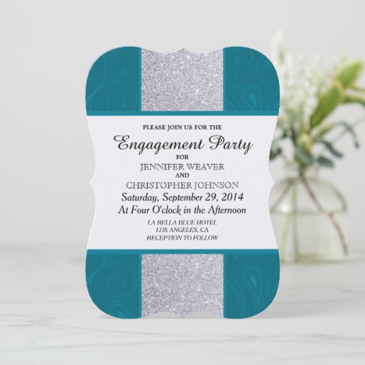 シルバーグリッターとアクアティール(緑がかった色)と渦巻形のデザイン 招待状 (スタンド正面)