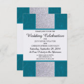 シルバーグリッターとアクアティール（緑がかった色）と渦巻形のデザイン 招待状 (正面/裏面)