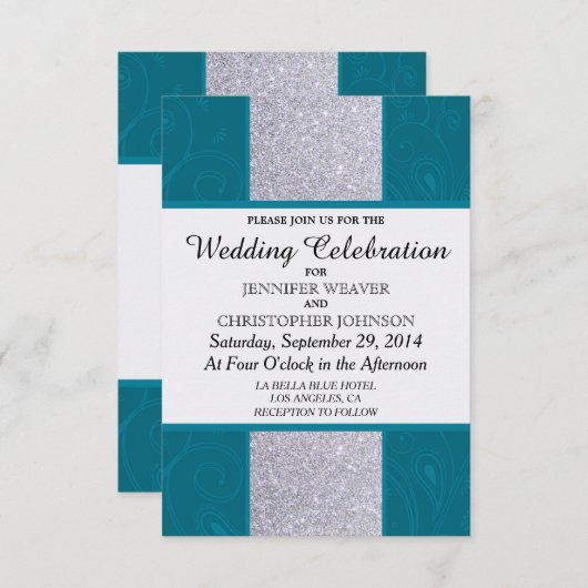 シルバーグリッターとアクアティール(緑がかった色)と渦巻形のデザイン 招待状 (正面/裏面)